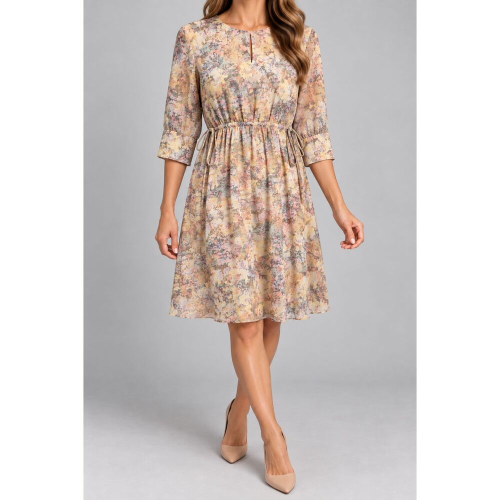 H&M Women’s S Floral Midi Dress Tie Waist 3/4 Sleeve Cottagecore Romantic